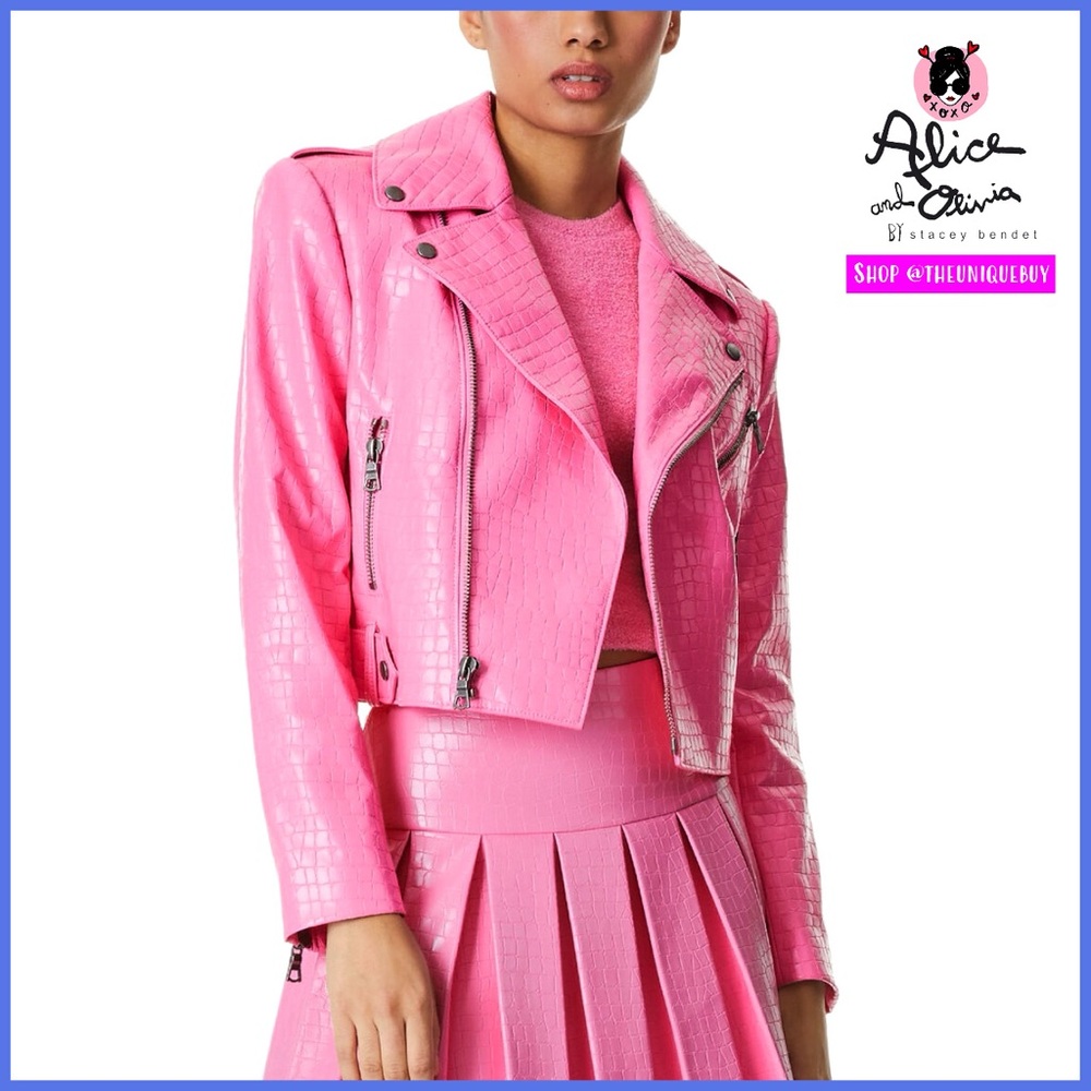 Alice + Olivia Cody Pink Vegan Leather Croc Moto Jacket - Picture 6 of 16